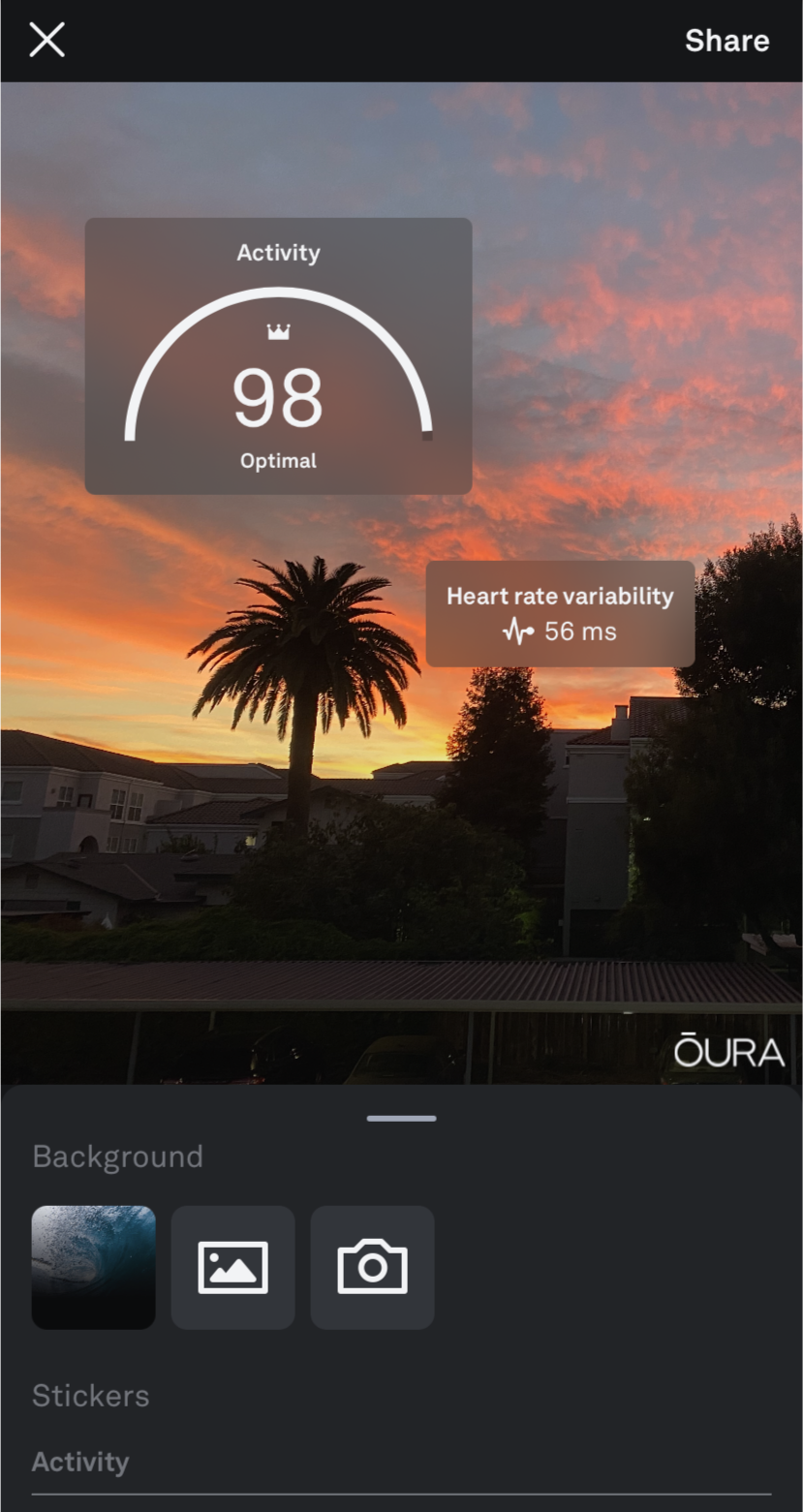 the activity score and HRV stickers against a palm tree and sunset background
