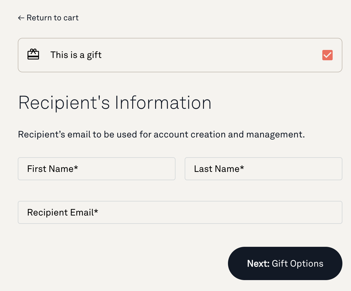recipient's information screen when this is a gift is selected