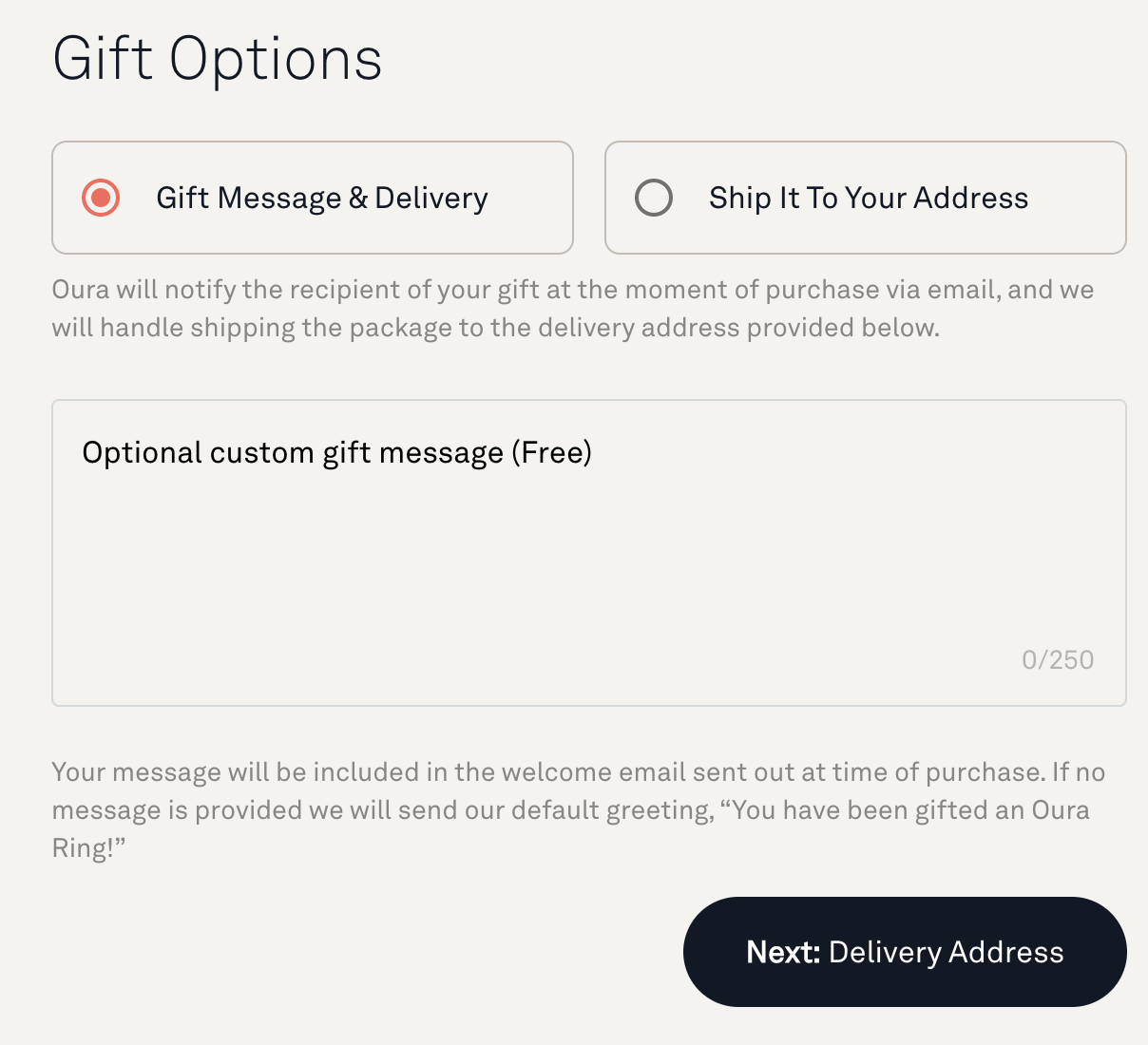 gift options screen with gift message and delivery selected