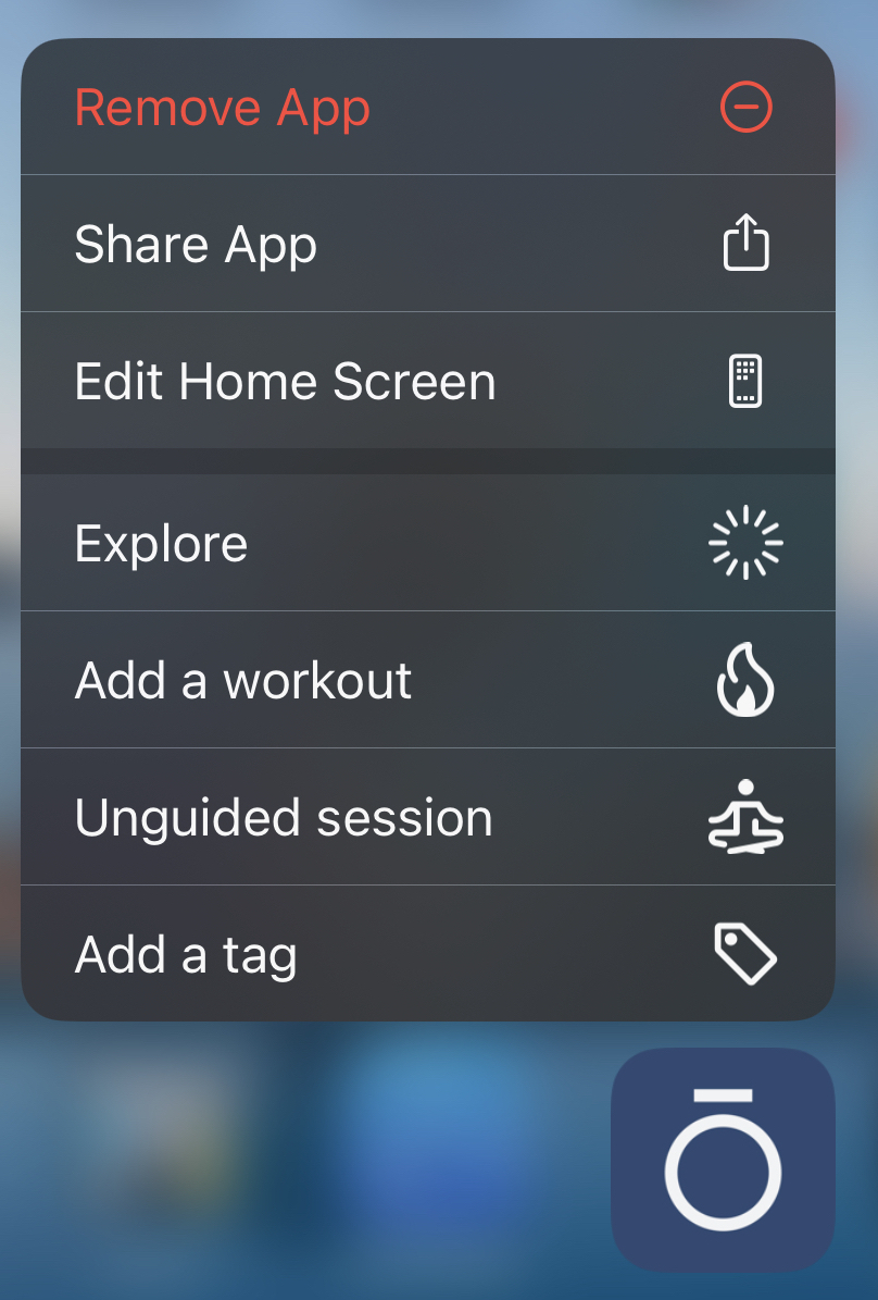 the Oura App icon with the quick actions menu open, showing options to remove app, move app, edit home screen, or use one of the four quick actions
