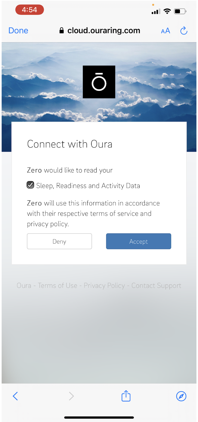 Kuvakaappaus Zero-sovelluksesta, jossa ponnahdusikkuna pyytää ottamaan yhteyden Ouraan.