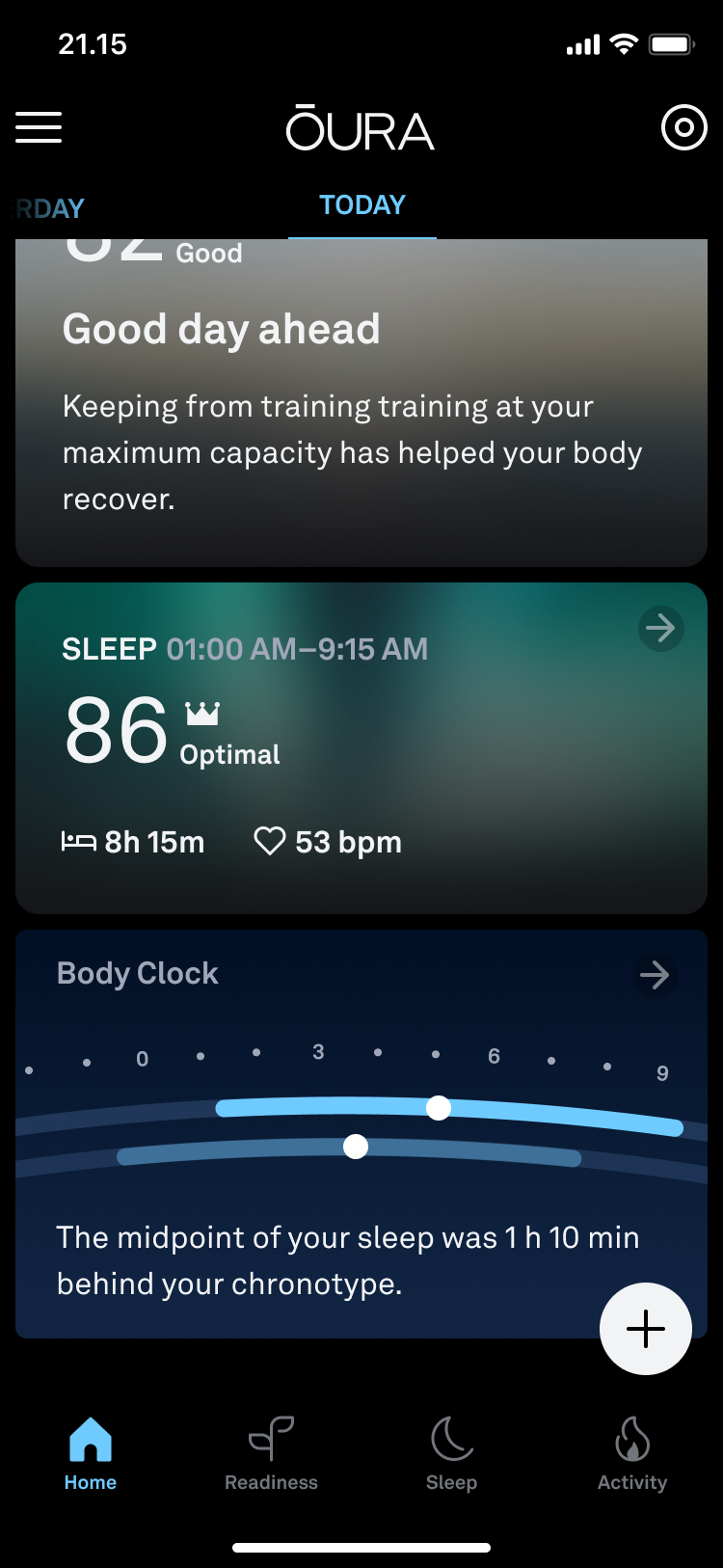 the collapsed version of the Body Clock as it appears on the Oura App's Home tab