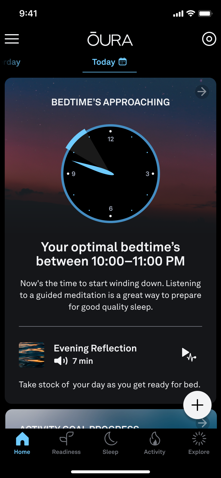Bedtime guidance card on the app home screen