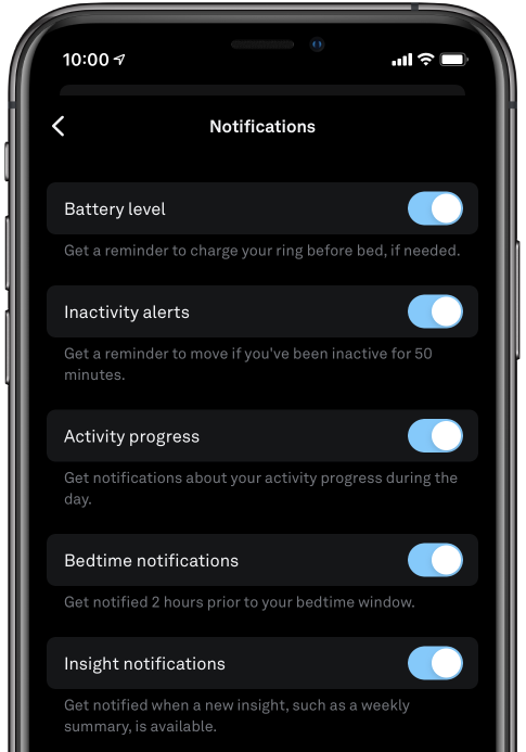 the notifications settings screen of the Oura App, with five notification options toggled on