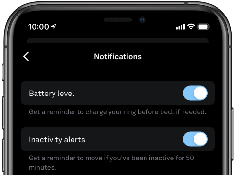 the notifications screen of the Oura App, with Battery level notifications toggled on