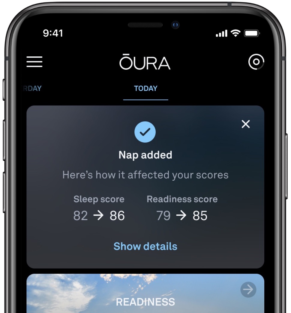 昼寝を確認した後のOura アプリの画面。 青いチェックマークの下に[昼寝の追加]と表示されています。 睡眠スコアは82から86に、コンディションスコアは79から85に増加しています