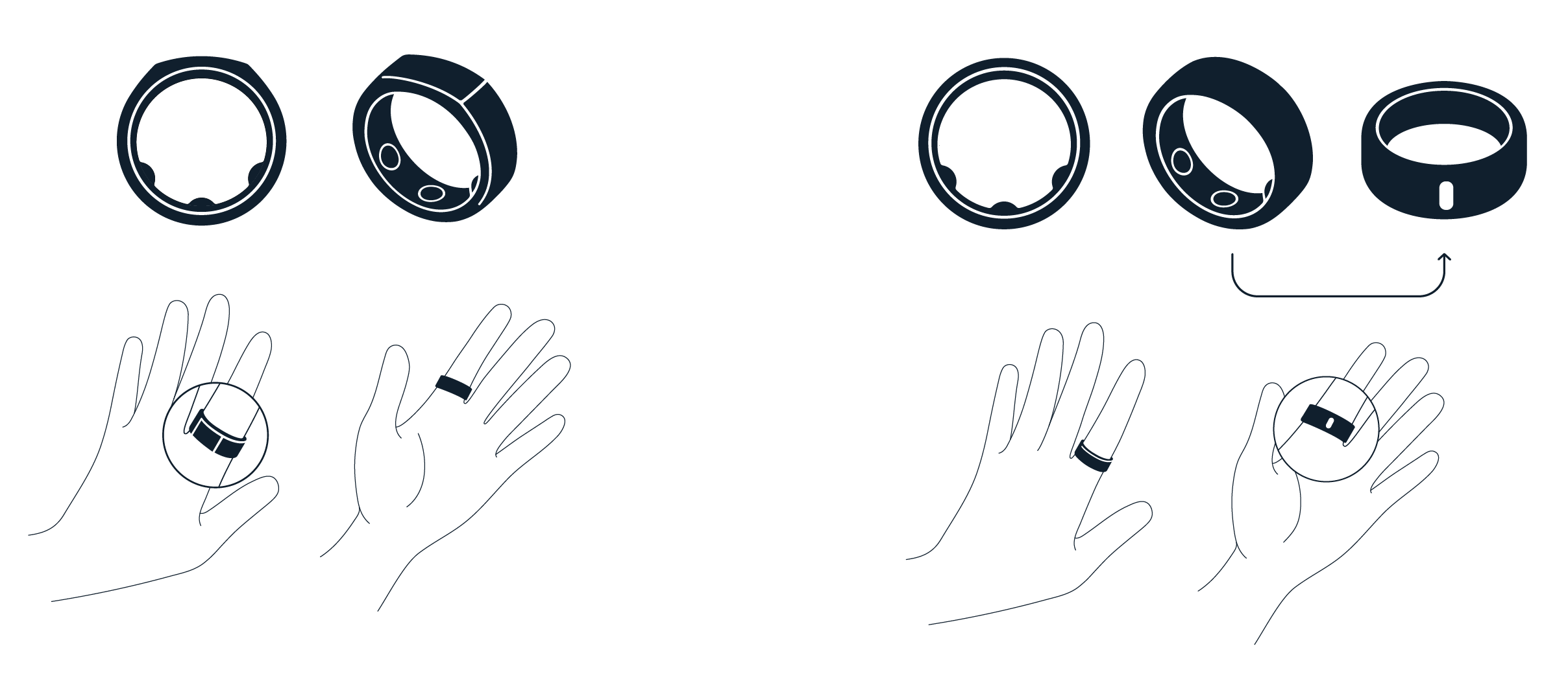 line drawings showing the proper alignment of heritage and horizon oura rings on the finger
