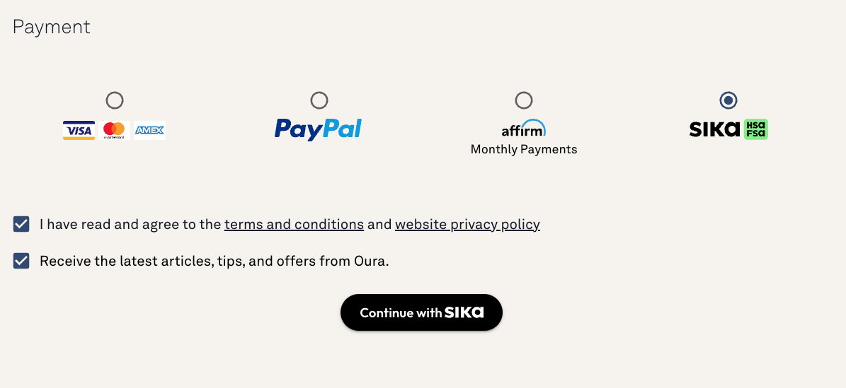 Screenshot of the payment options on the Oura checkout page
