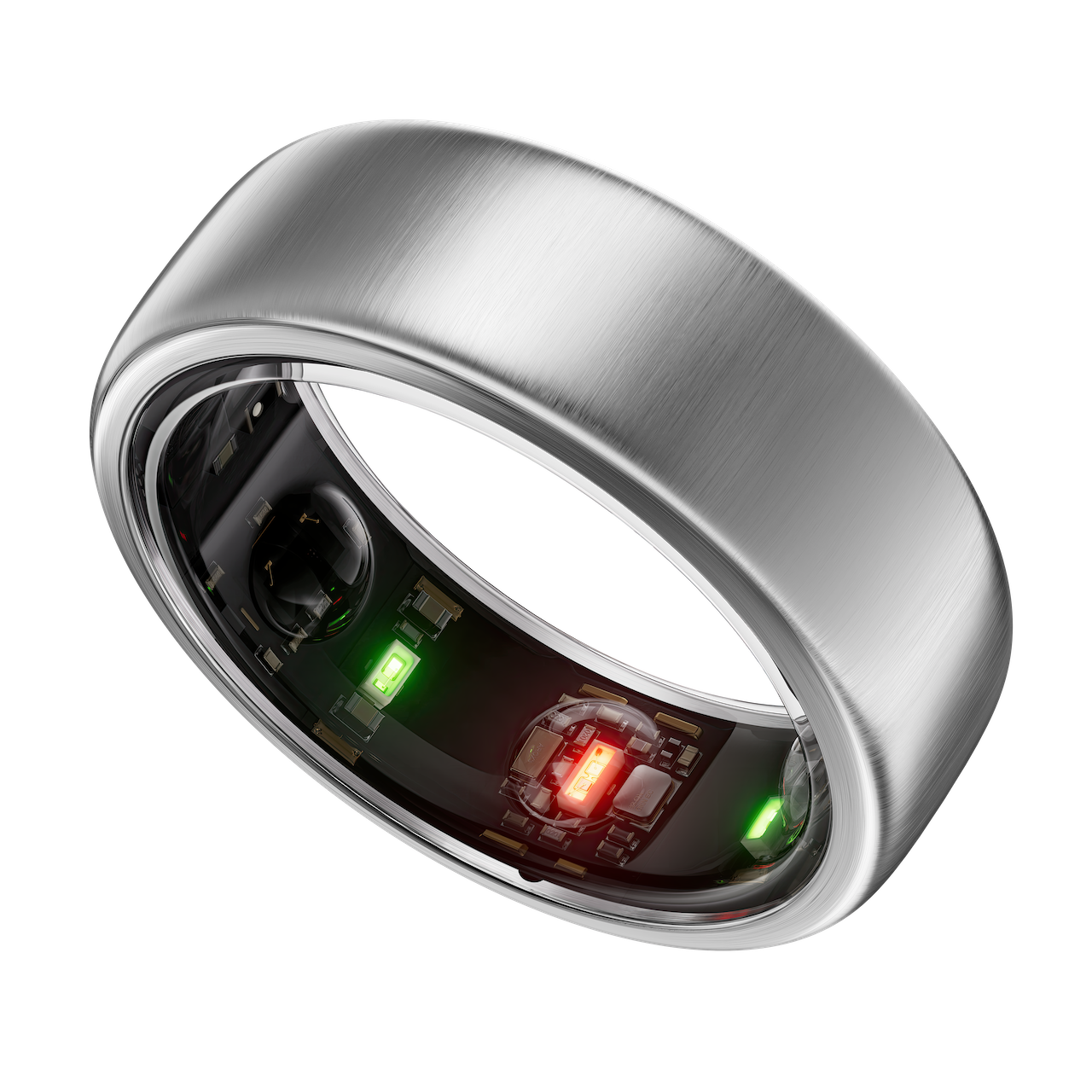 the brushed titanium horizon model oura ring generation 3 viewed from an angle