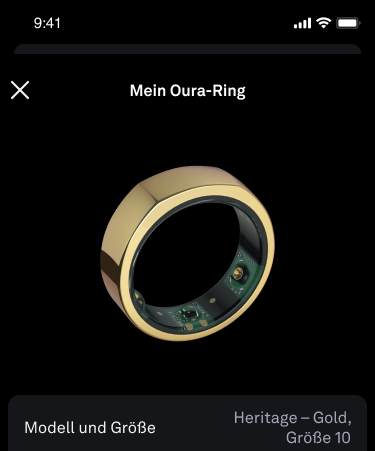 the my Oura Ring screen in the Oura App, with a picture of a black Oura Ring, and model and size information Heritage Stealth, US10