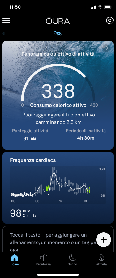 the 24 hour heart rate graph is shown on this screenshot of the app beneath the activity progress card