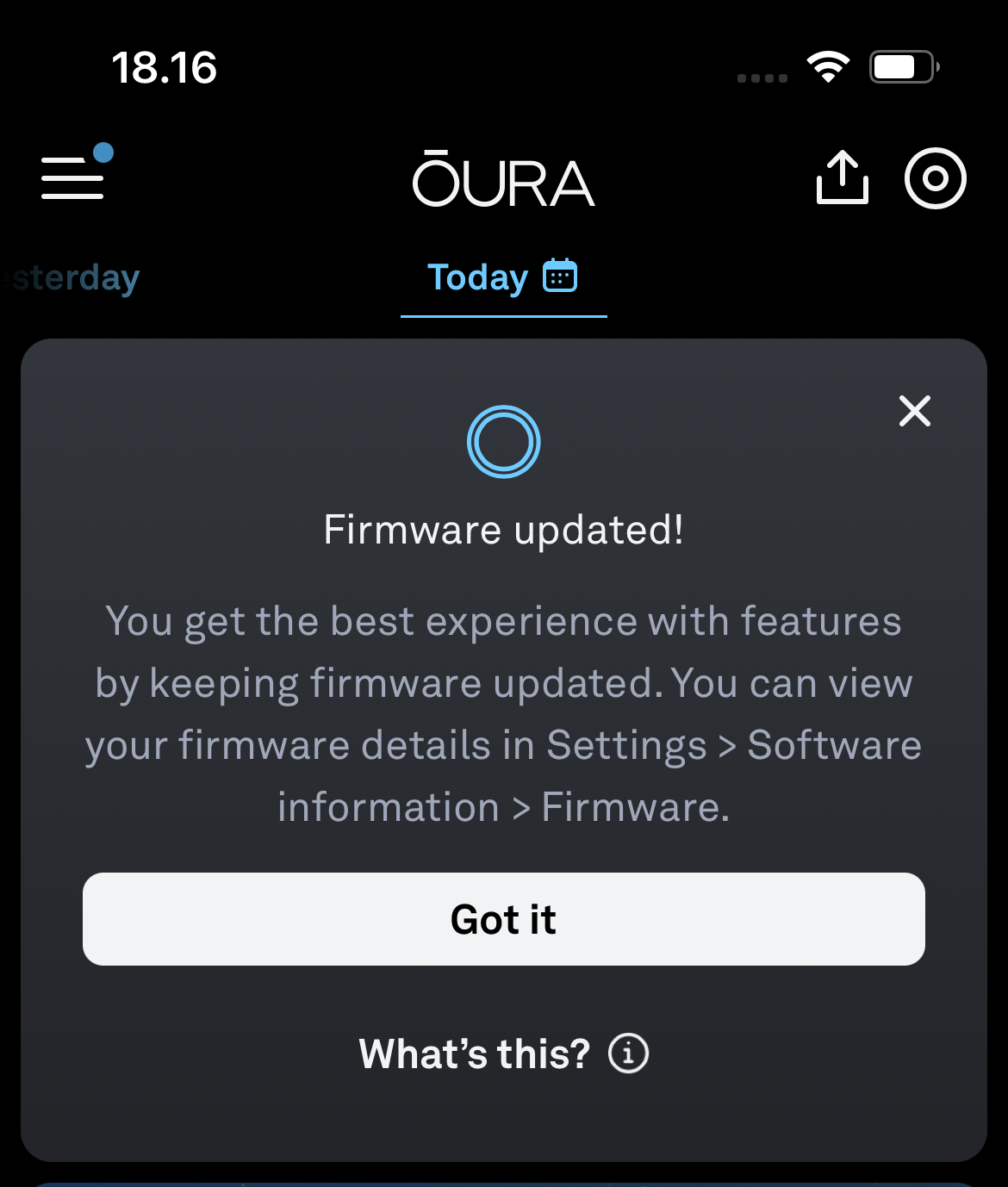 a screen on the Oura App that says Firmware Updated