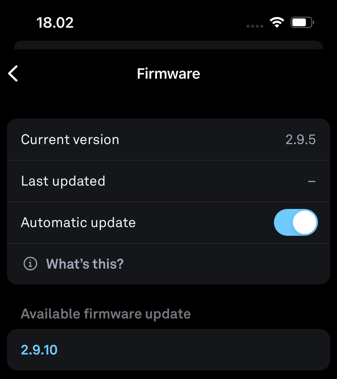 the firmware settings screen in the Oura App