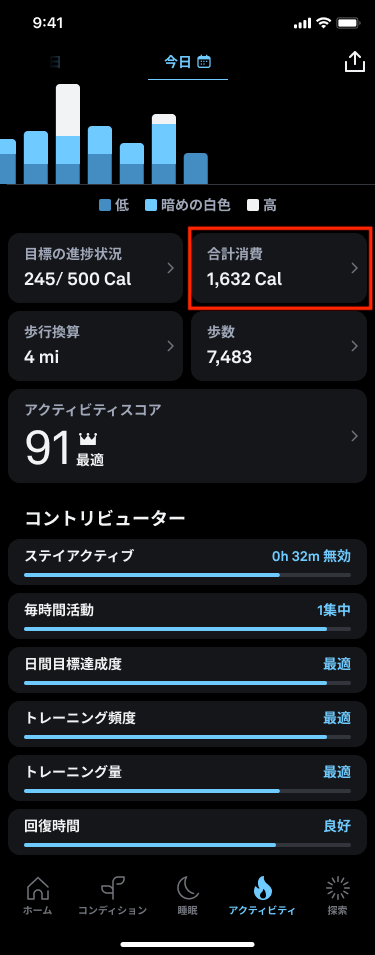 The total burn reading as it appears on the Activity tab of the Oura App