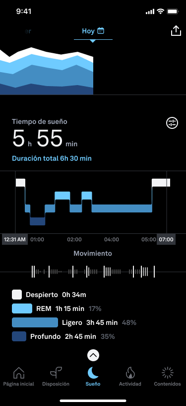 la pestaña de sueño de la aplicación Oura muestra un hipnograma (gráfico de las fases del sueño). El sueño REM, el sueño ligero y el sueño profundo se representan en varios tonos de azul. El tiempo despierto se representa en blanco