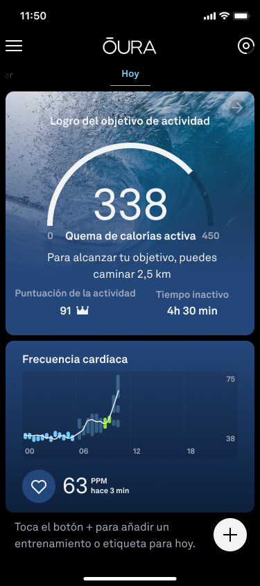 la pantalla de inicio de la aplicación Oura, que muestra el gráfico de frecuencia cardiaca de 24 horas. El gráfico incluye barras por colores: el azul indica la frecuencia cardíaca nocturna y el verde momentos de tiempo reparador