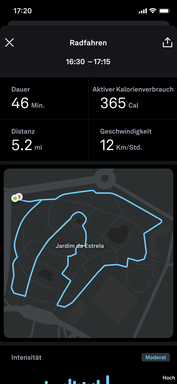 a picture of a phone. the phone's screen displays details of a cycling workout including: time, duration, active calorie burn, distance, speed, and a map of the route taken