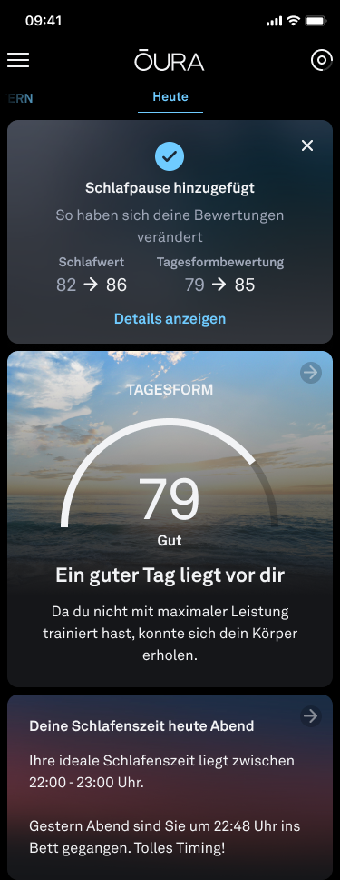 the Oura App showing a confirmed nap. Es gibt ein blaues Häkchen und die Kennzeichnung „Schlafpause“. Der Schlafwert ist von 82 auf 86 gestiegen, die Tagesformbewertung von 79 auf 85