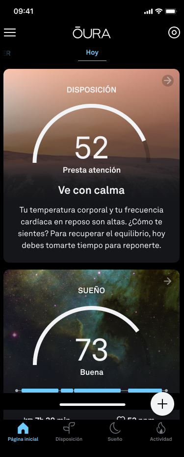 the oura app home tab, featuring the readiness and sleep cards. the readiness card includes a small summary text