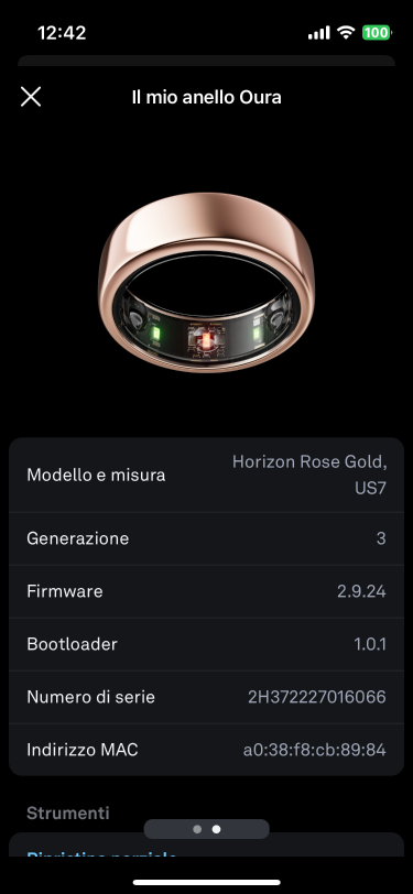 an app screen showing a picture of a gold ring, with the ring model, size, generation, and firmware version