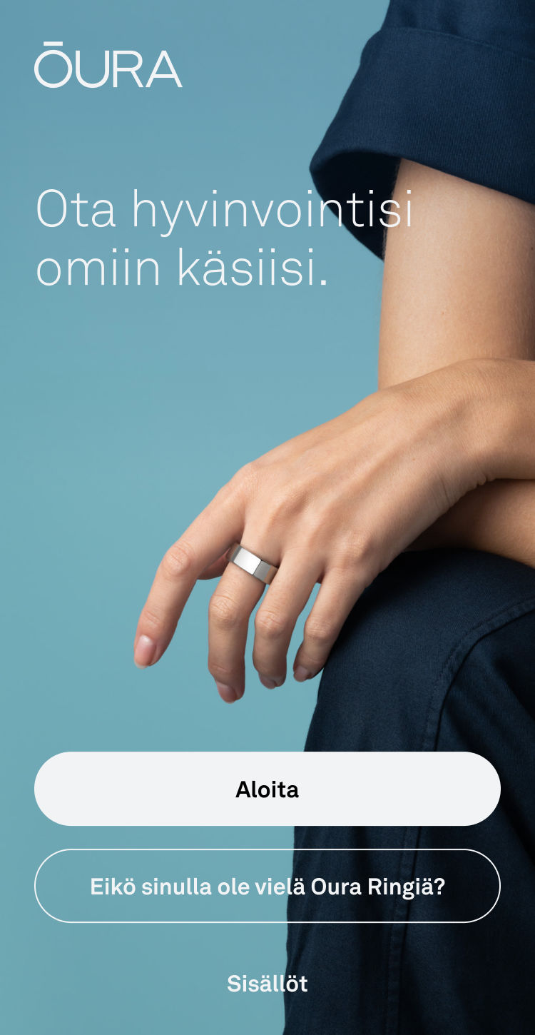kuvakaappaus Oura-sovelluksen aloitusnäkymästä/splash-sivusta.