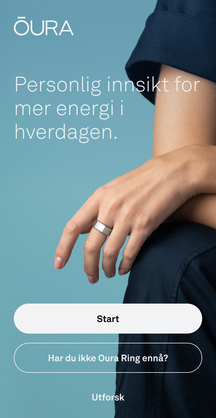 Et skjermbilde av startskjermbildet/velkomstsiden i Oura-appen
