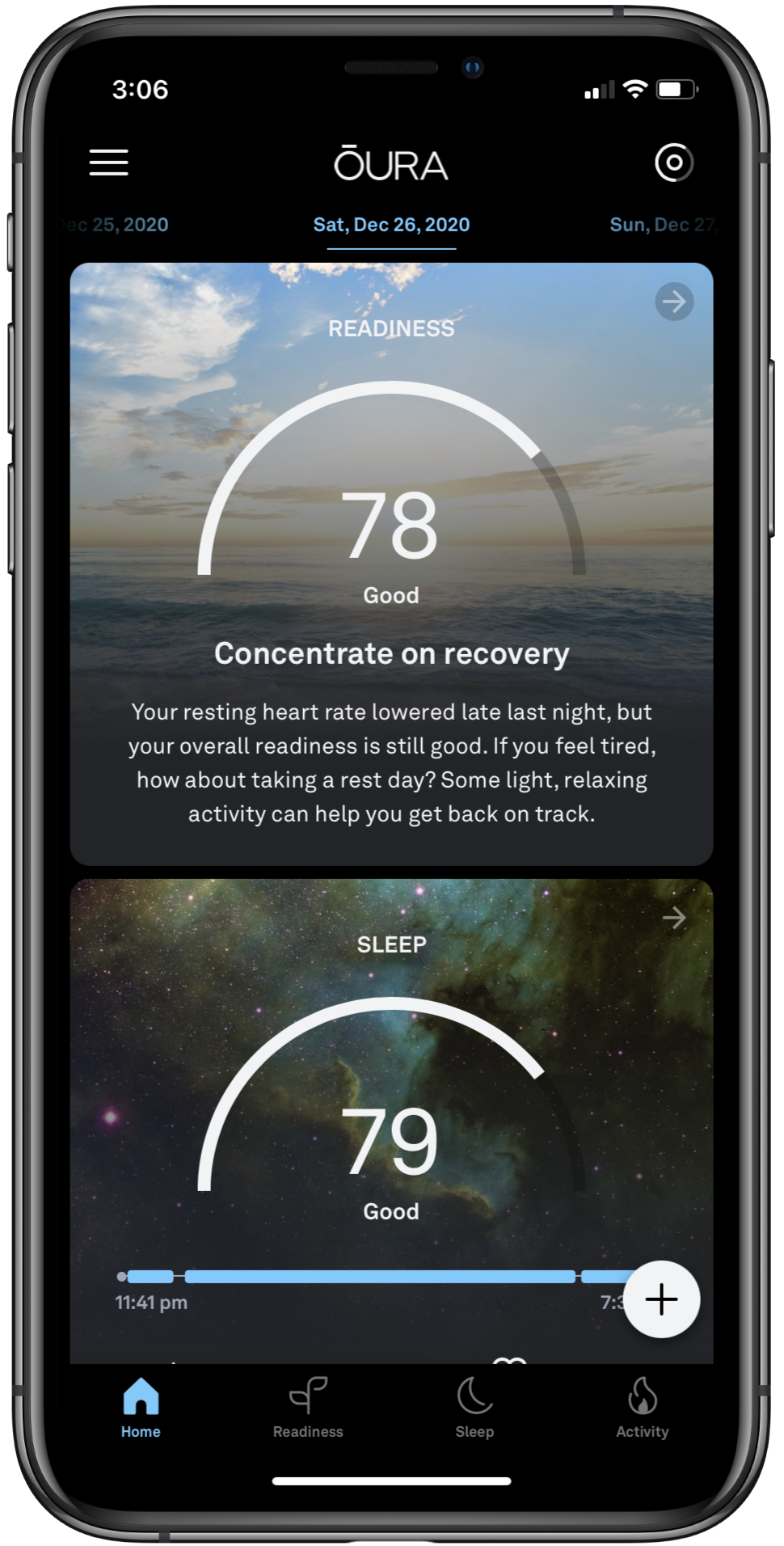 the oura app home tab, featuring the readiness and sleep cards. the readiness card includes a small summary text