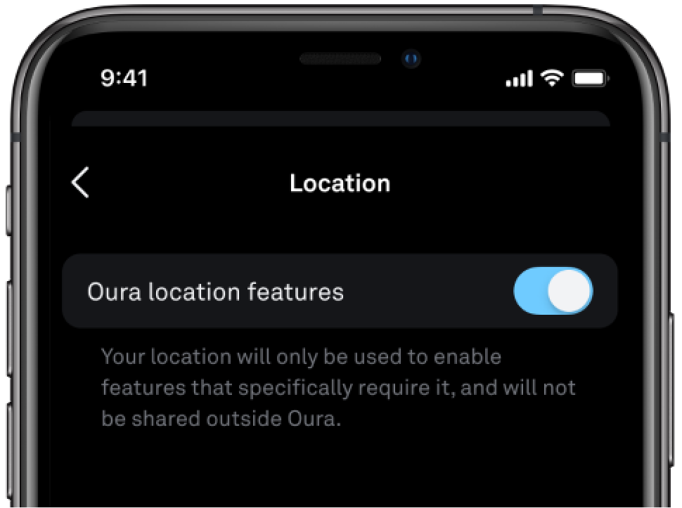 a phone screen with the word location across the top. There's a setting called Oura location features with a blue toggle switched on