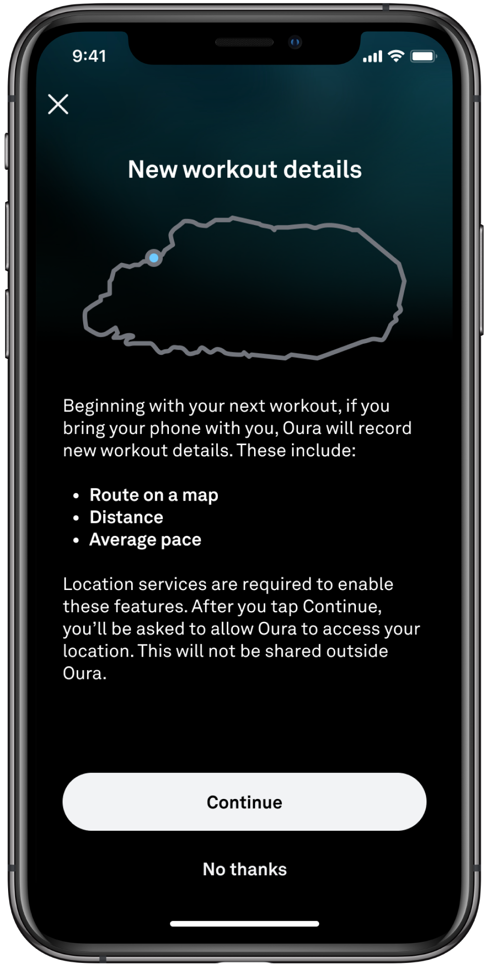 The Location for AAD information card, showing a workout route and some information about what is included with location services. There are two buttons: continue and no thanks