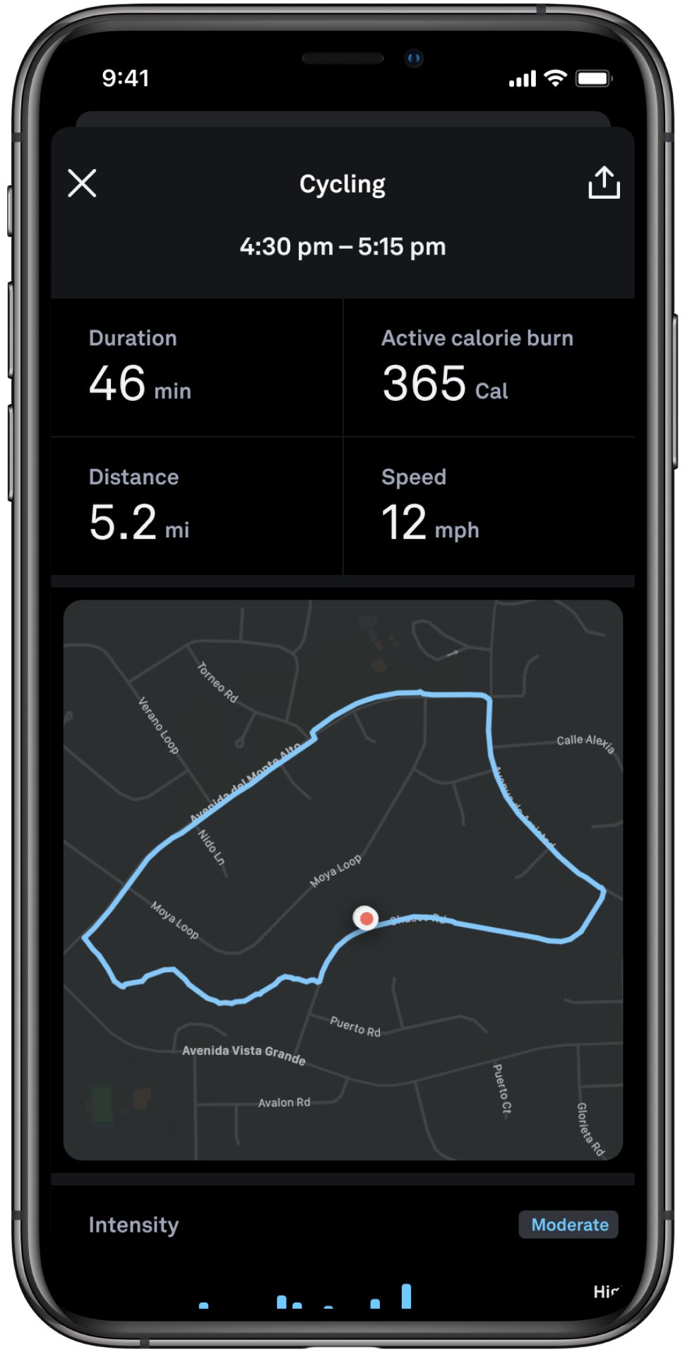 a picture of a phone. the phone's screen displays details of a cycling workout including: time, duration, active calorie burn, distance, speed, and a map of the route taken