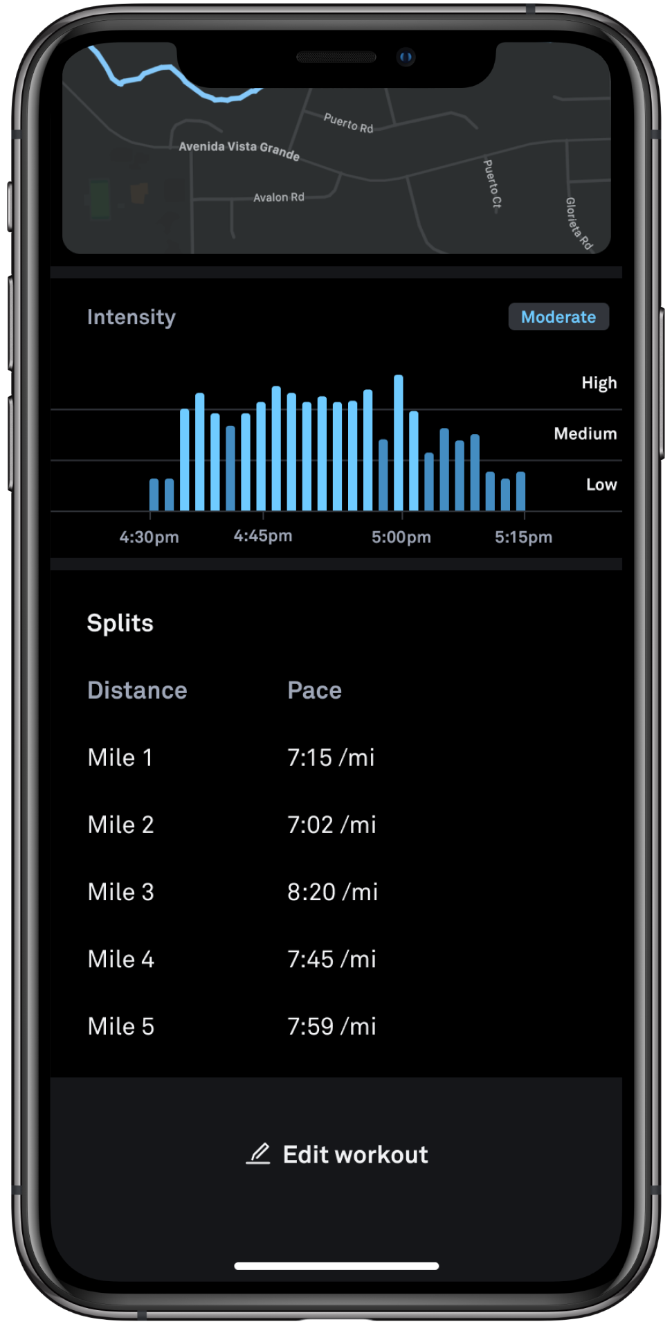 a picture of a phone. the phone's screen displays a bar graph of workout intensity over time, and a list of lap split times. at the bottom of the screen is an option to edit workout