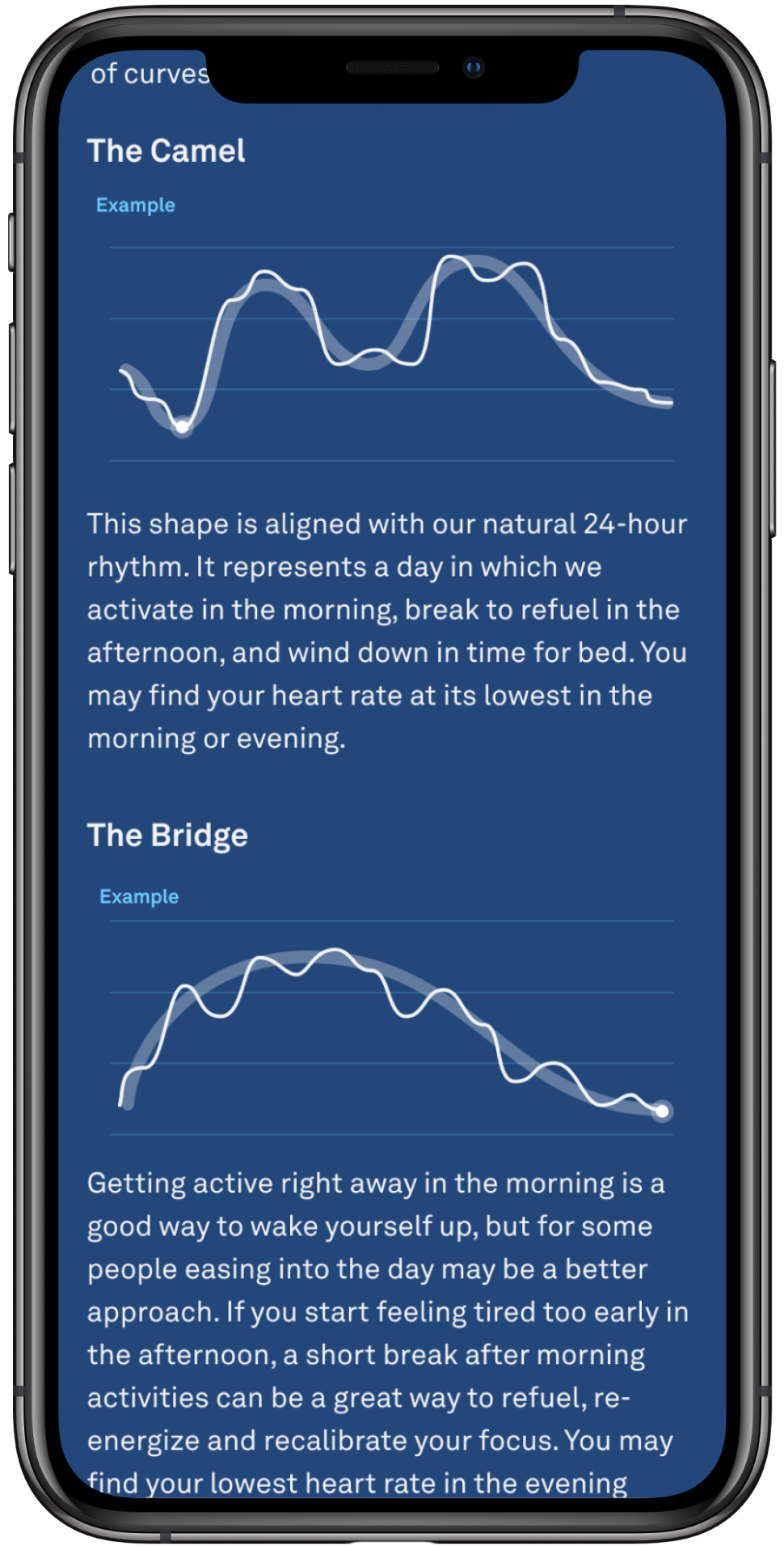 a screenshot of the app showing examples of the camel and the bridge heart rate curves