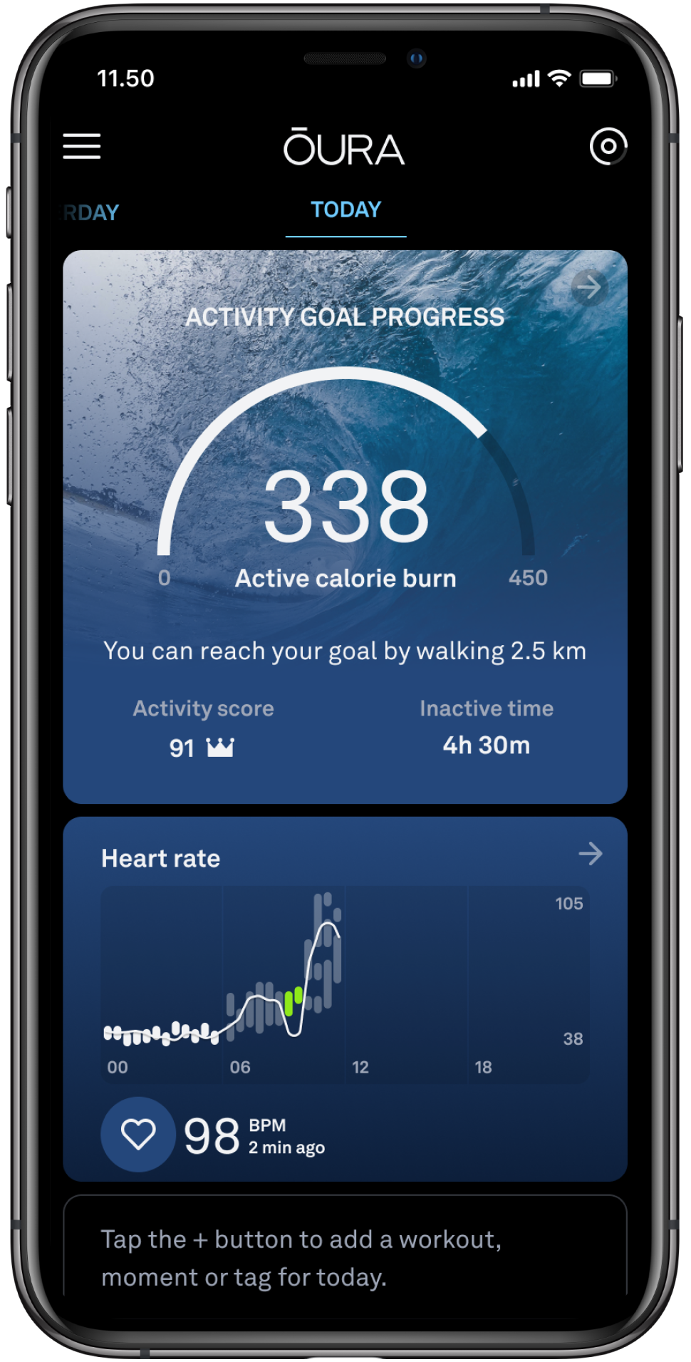 the 24 hour heart rate graph is shown on this screenshot of the app beneath the activity progress card