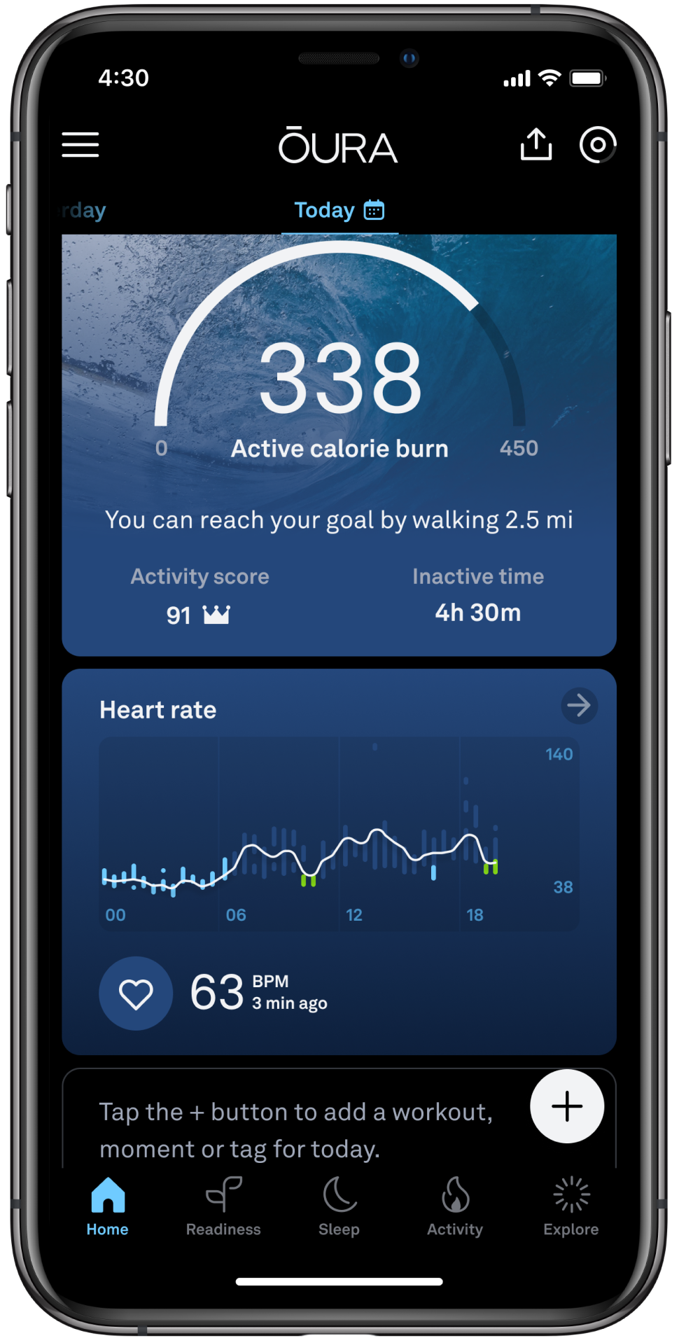 the home screen of the Oura App, displaying the 24 hour heart rate graph. The graph has color coded bar segments, with blue indicating sleephing heart rate, and green indicating moments of restorative time