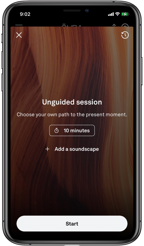 the unguided session start screen with a timer, soundscape button, and a start button