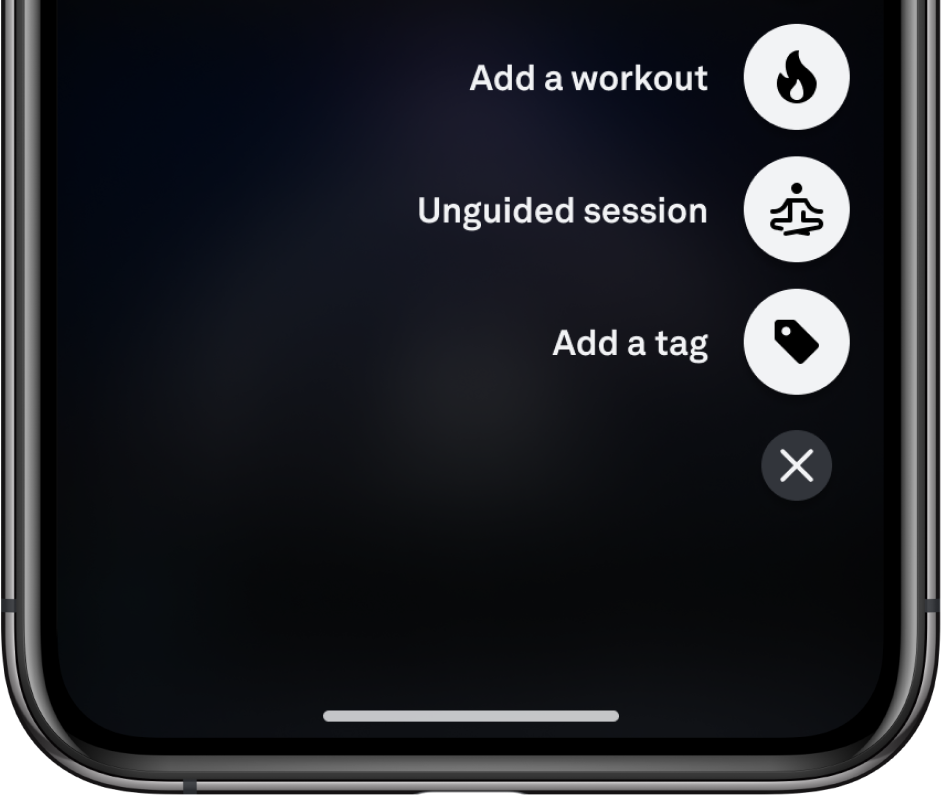 the + menu of the Oura App has options to add a workout, unguided session, or add a tag