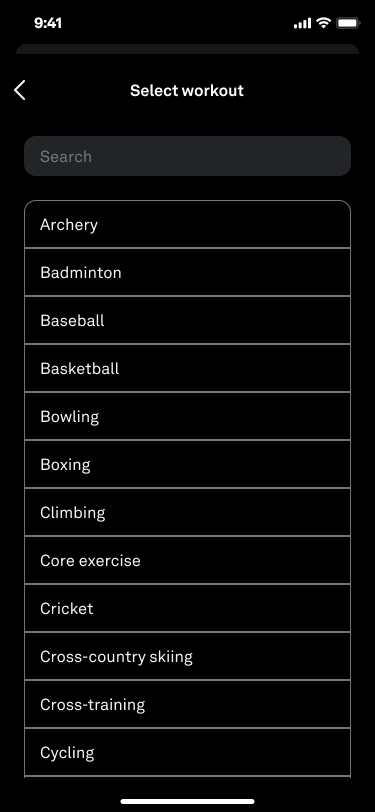 the select workout screen with a search bar, and 12 workout options listed alphabetically, starting with archery and ending with cycling