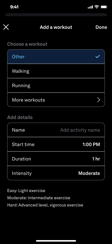 the add a workout screen, with Other option selected. the start time is 1 pm, duration is 1 hour, and intensity is moderate