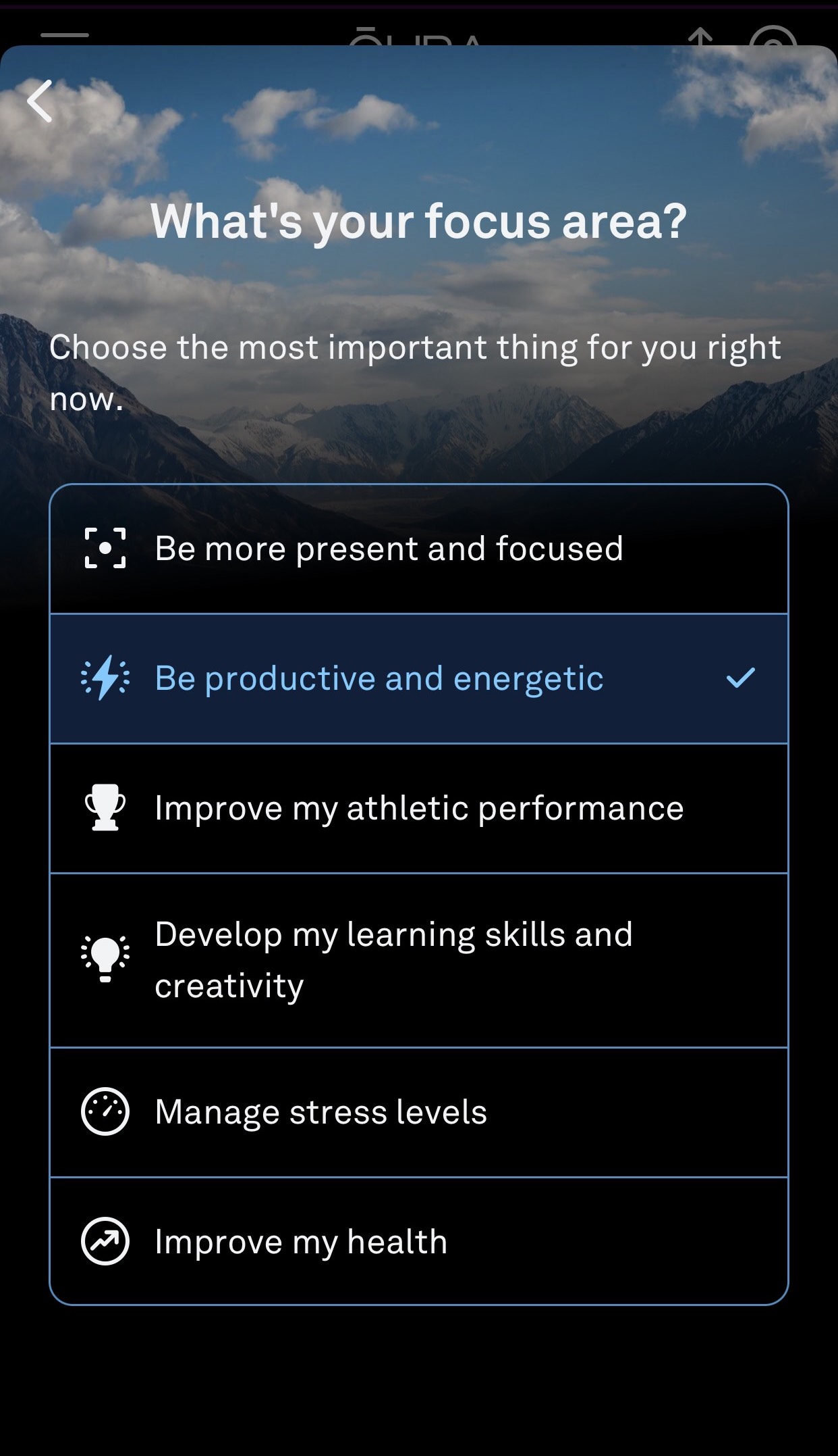 a screenshot of the Oura App. the screen asks what's your focus area, then lists several options